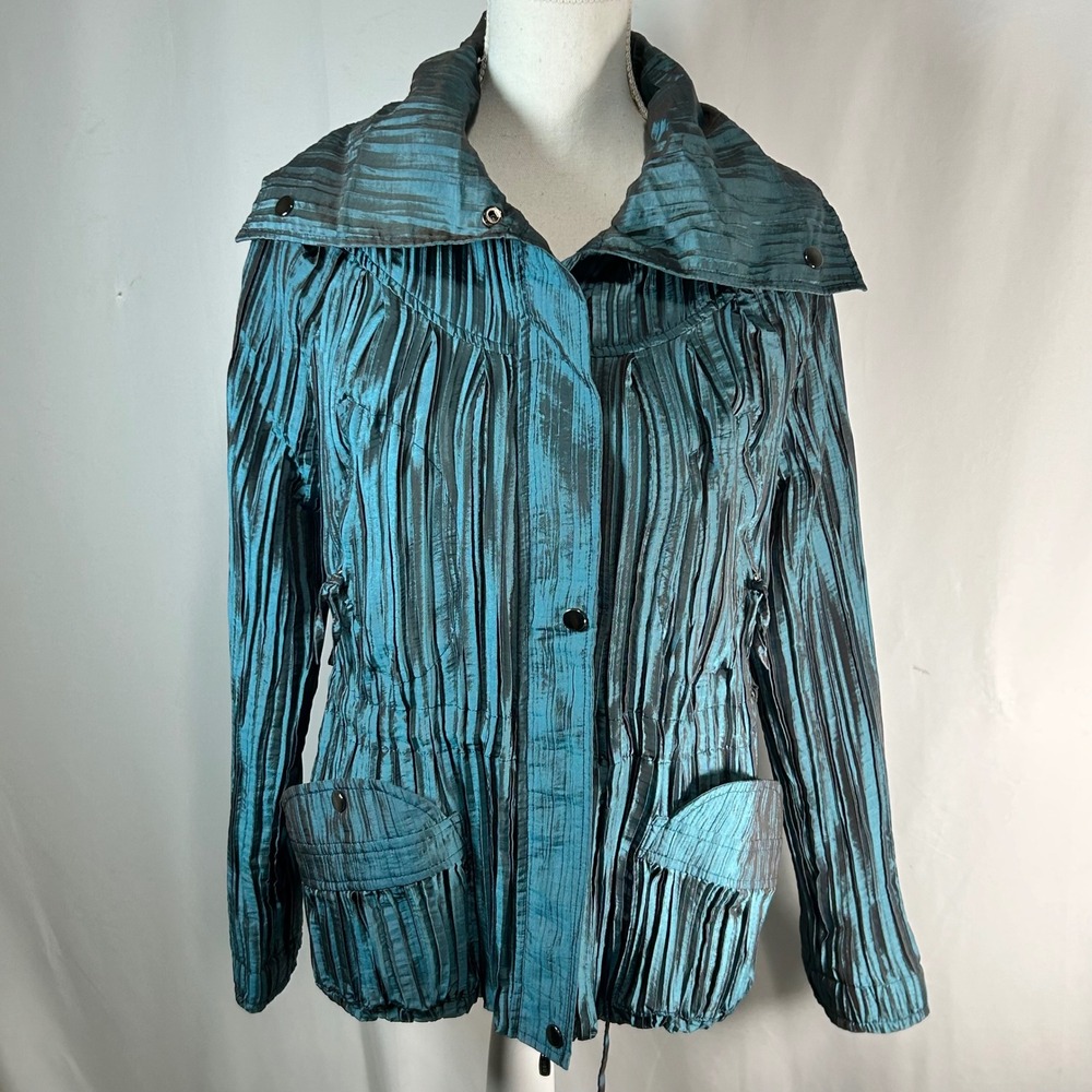Ubu Women Teal Blue Textured Pleated Jacket M Style‎ 2163 Snap Front